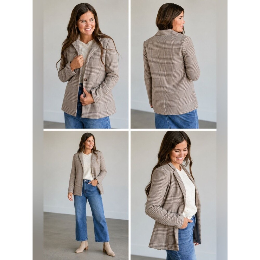 Z Supply Anna Plaid Blazer Womens Small Milk Shake Taupe Plaid Lined Jacket